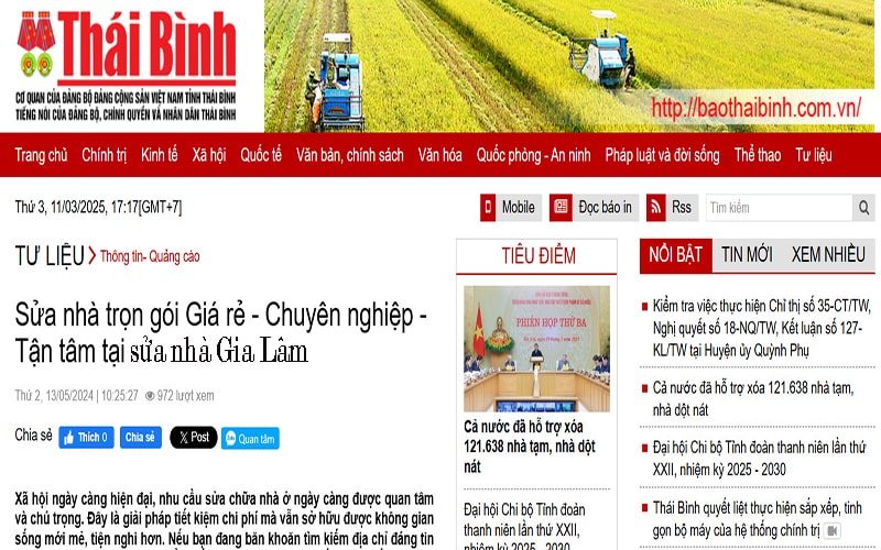 báo thái bình nói về sửa nhà gia lâm